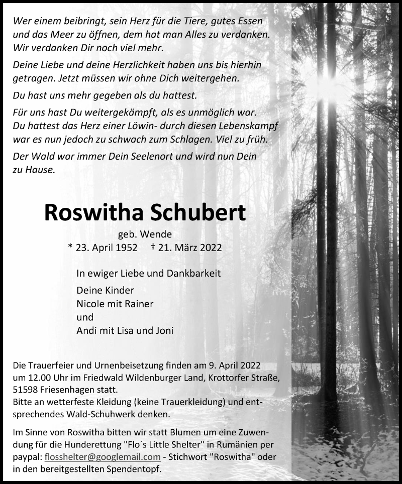  Traueranzeige für Roswitha Schubert vom 02.04.2022 aus Kölner Stadt-Anzeiger / Kölnische Rundschau / Express