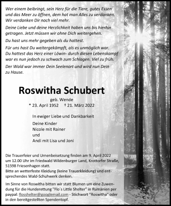 Anzeige von Roswitha Schubert von Kölner Stadt-Anzeiger / Kölnische Rundschau / Express