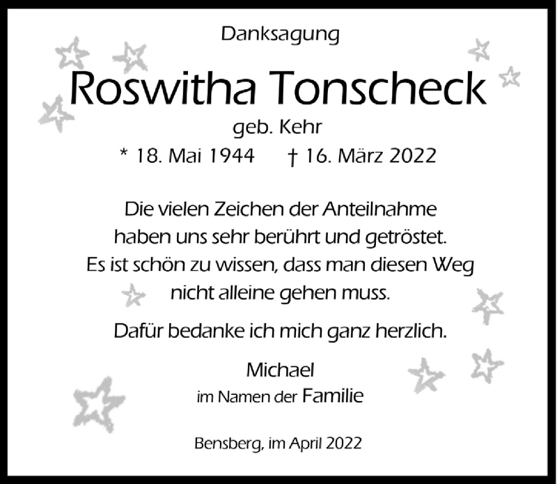  Traueranzeige für Roswitha Tonscheck vom 29.04.2022 aus  Bergisches Handelsblatt 