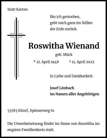 Anzeige von Roswitha Wienand von Kölner Stadt-Anzeiger / Kölnische Rundschau / Express