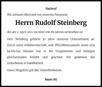 Anzeige von Rudolf Steinberg von Kölner Stadt-Anzeiger / Kölnische Rundschau / Express
