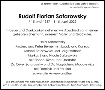 Anzeige von Rudolf Florian Safarowsky von Kölner Stadt-Anzeiger / Kölnische Rundschau / Express