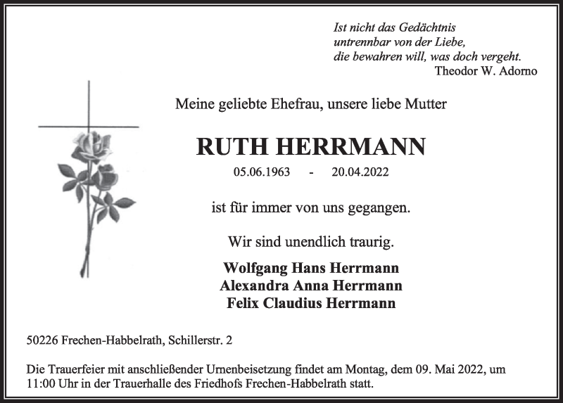  Traueranzeige für Ruth Herrmann vom 29.04.2022 aus  Wochenende 