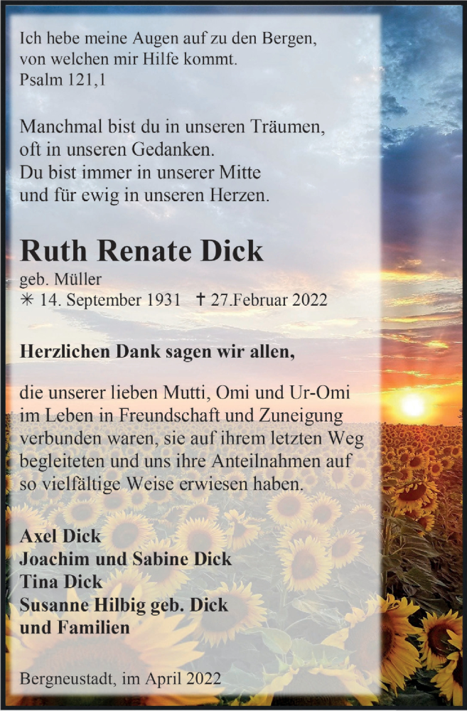  Traueranzeige für Ruth Renate Dick vom 29.04.2022 aus  Anzeigen Echo 