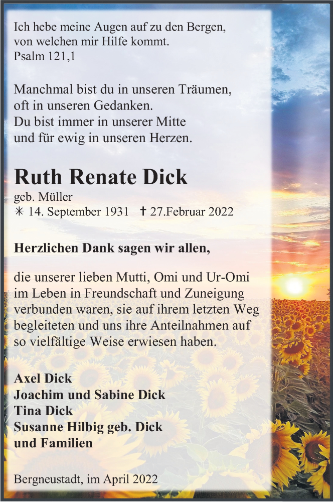  Traueranzeige für Ruth Renate Dick vom 30.04.2022 aus Kölner Stadt-Anzeiger / Kölnische Rundschau / Express