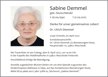 Anzeige von Sabine Demmel von Kölner Stadt-Anzeiger / Kölnische Rundschau / Express