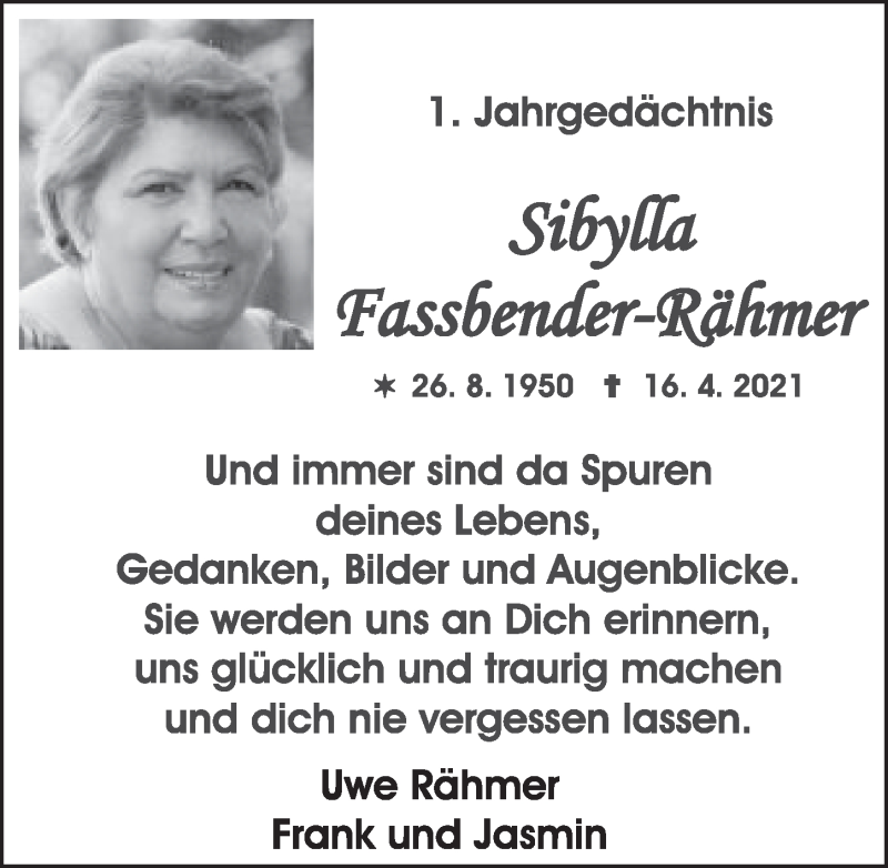  Traueranzeige für Sibylla Fassbender-Rähmer vom 15.04.2022 aus  Wochenende 