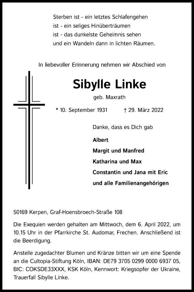  Traueranzeige für Sibylle Linke vom 02.04.2022 aus Kölner Stadt-Anzeiger / Kölnische Rundschau / Express