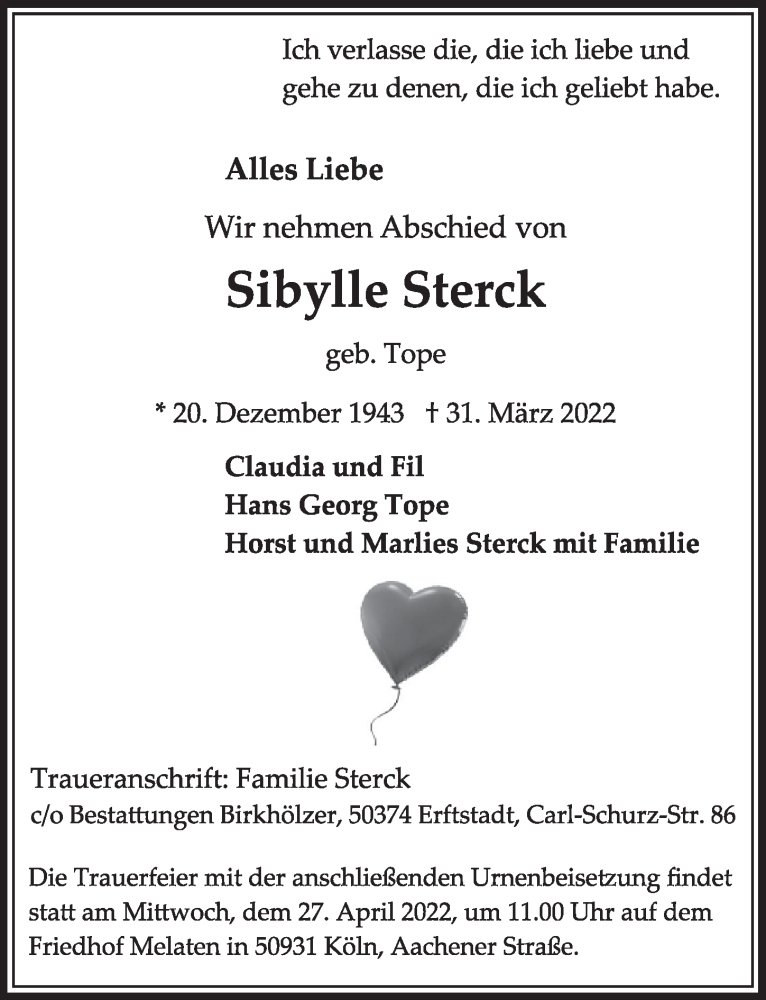  Traueranzeige für Sibylle Sterck vom 14.04.2022 aus  Werbepost 