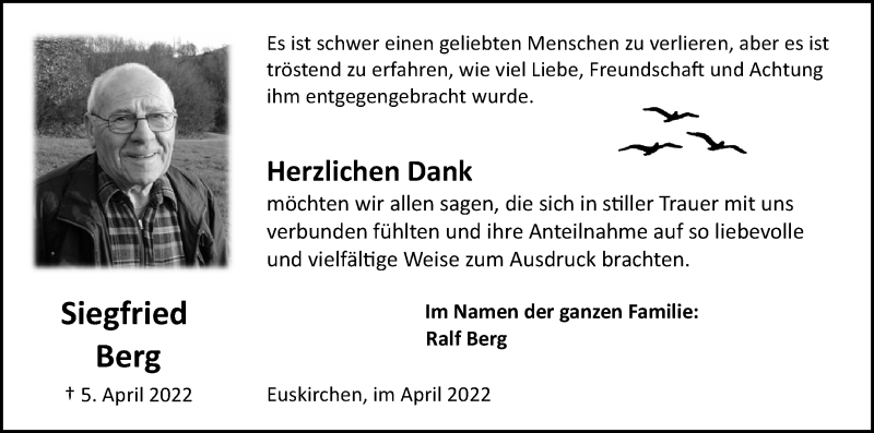  Traueranzeige für Siegfried Berg vom 30.04.2022 aus Kölner Stadt-Anzeiger / Kölnische Rundschau / Express