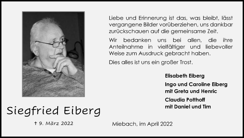  Traueranzeige für Siegfried Eiberg vom 16.04.2022 aus Kölner Stadt-Anzeiger / Kölnische Rundschau / Express