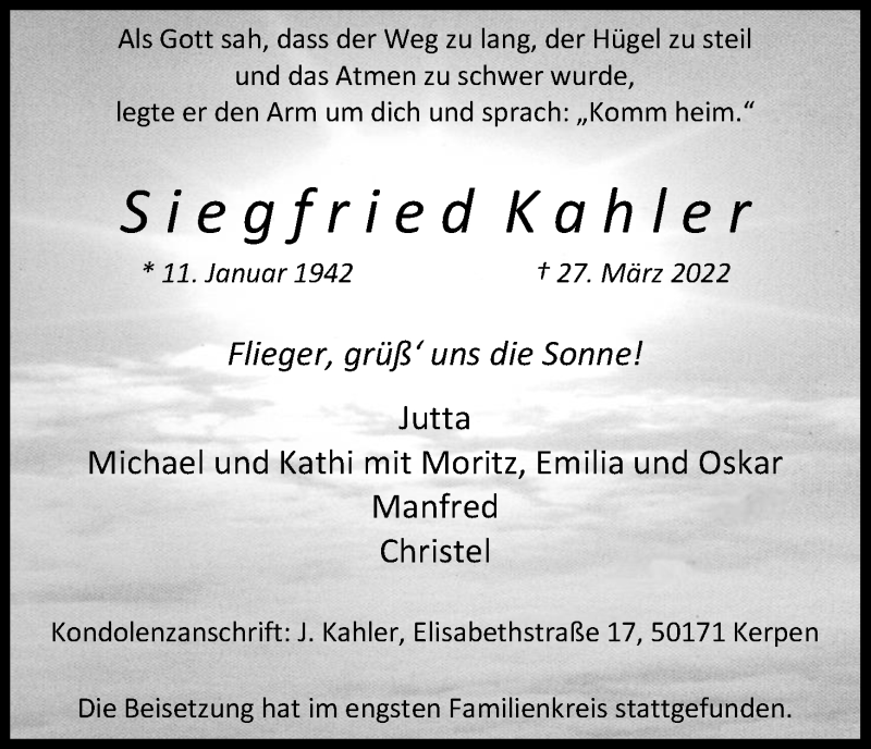  Traueranzeige für Siegfried Kahler vom 30.04.2022 aus Kölner Stadt-Anzeiger / Kölnische Rundschau / Express