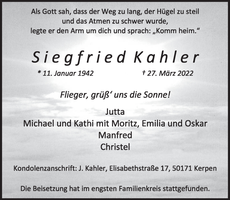  Traueranzeige für Siegfried Kahler vom 29.04.2022 aus  Werbepost 