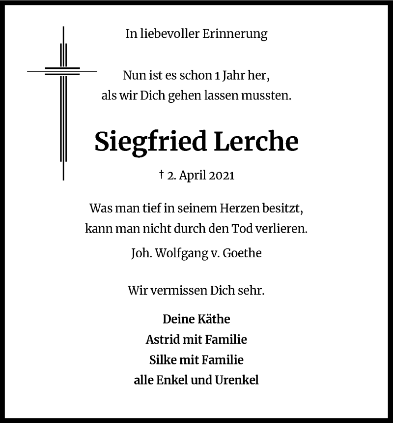 Traueranzeige für Siegfried Lerche vom 02.04.2022 aus Kölner Stadt-Anzeiger / Kölnische Rundschau / Express