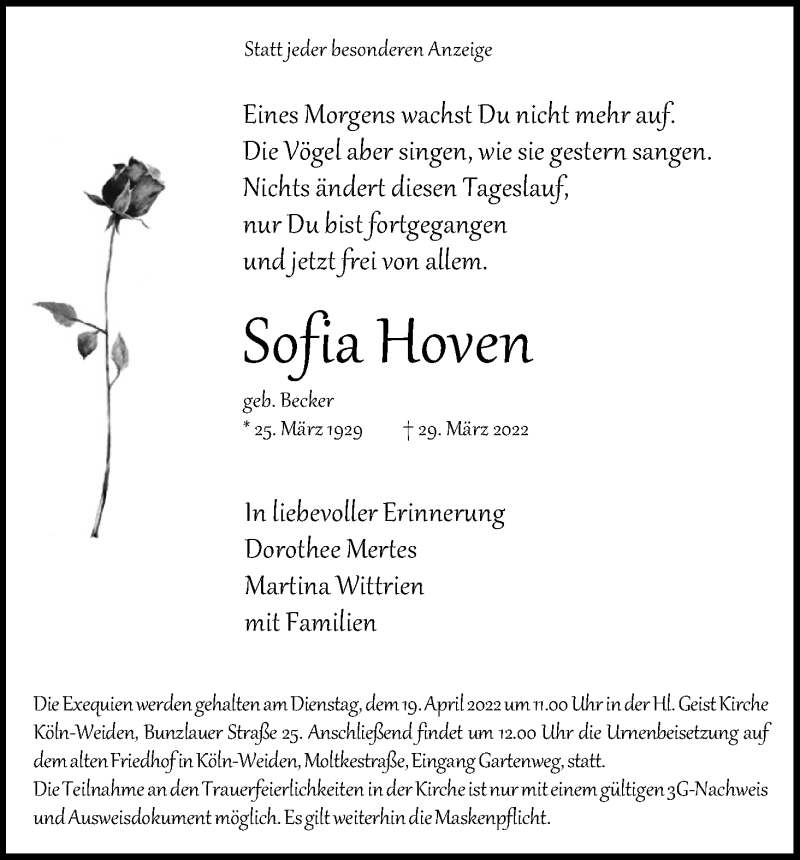  Traueranzeige für Sofia Hoven vom 09.04.2022 aus Kölner Stadt-Anzeiger / Kölnische Rundschau / Express
