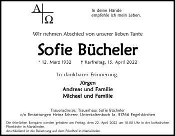 Anzeige von Sofie Bücheler von Kölner Stadt-Anzeiger / Kölnische Rundschau / Express