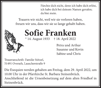 Anzeige von Sofie Franken von  Bergisches Handelsblatt 