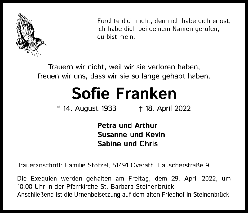  Traueranzeige für Sofie Franken vom 23.04.2022 aus Kölner Stadt-Anzeiger / Kölnische Rundschau / Express