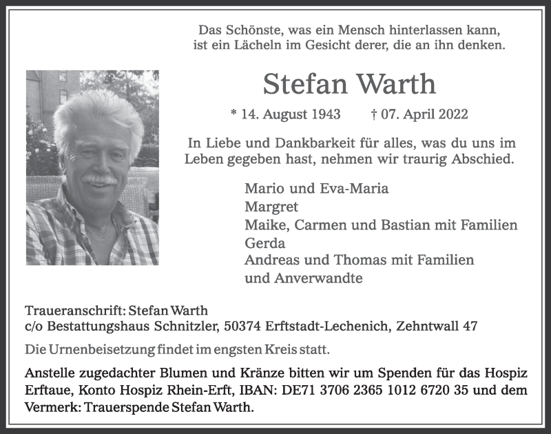  Traueranzeige für Stefan Warth vom 29.04.2022 aus  Werbepost 