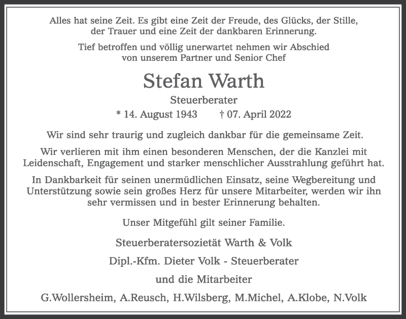  Traueranzeige für Stefan Warth vom 29.04.2022 aus  Werbepost 