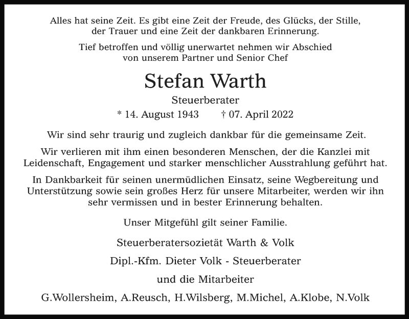  Traueranzeige für Stefan Warth vom 30.04.2022 aus Kölner Stadt-Anzeiger / Kölnische Rundschau / Express
