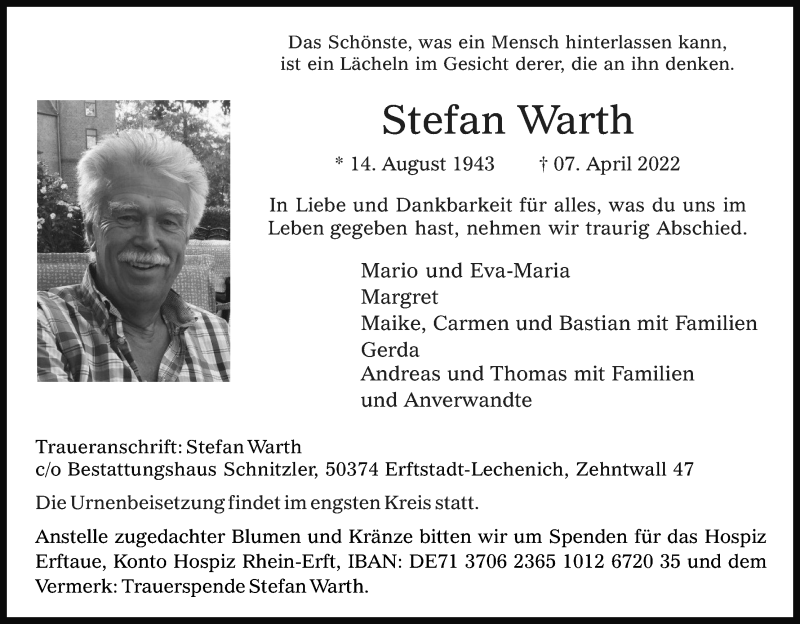  Traueranzeige für Stefan Warth vom 30.04.2022 aus Kölner Stadt-Anzeiger / Kölnische Rundschau / Express