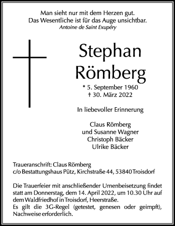 Anzeige von Stephan Römberg von Kölner Stadt-Anzeiger / Kölnische Rundschau / Express