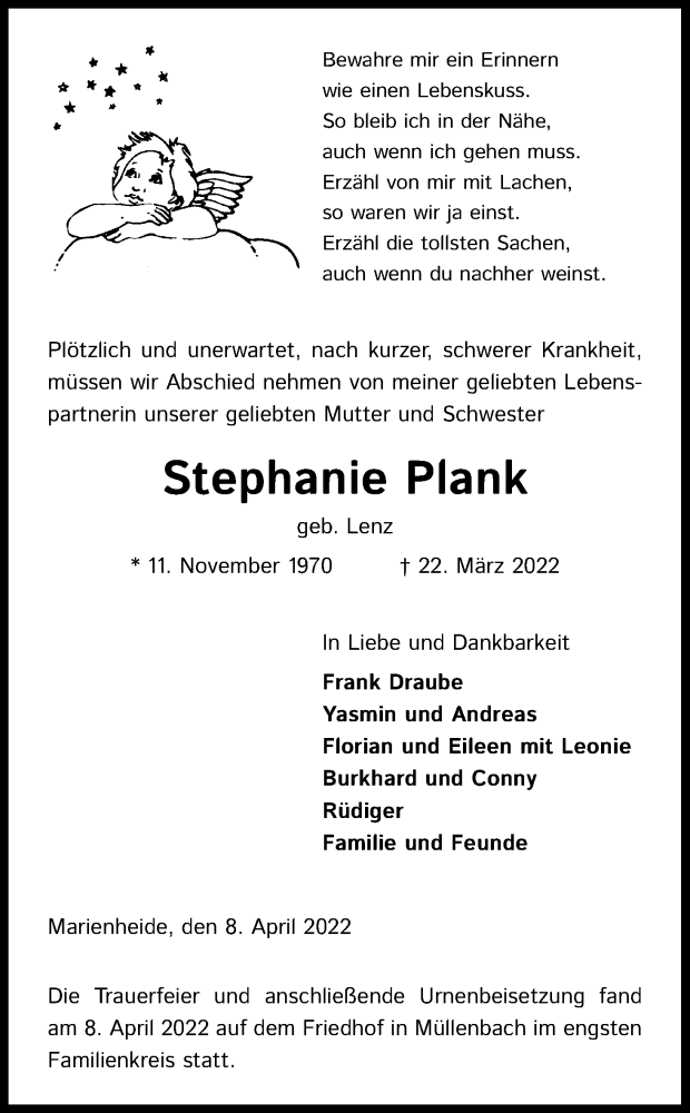  Traueranzeige für Stephanie Plank vom 09.04.2022 aus Kölner Stadt-Anzeiger / Kölnische Rundschau / Express
