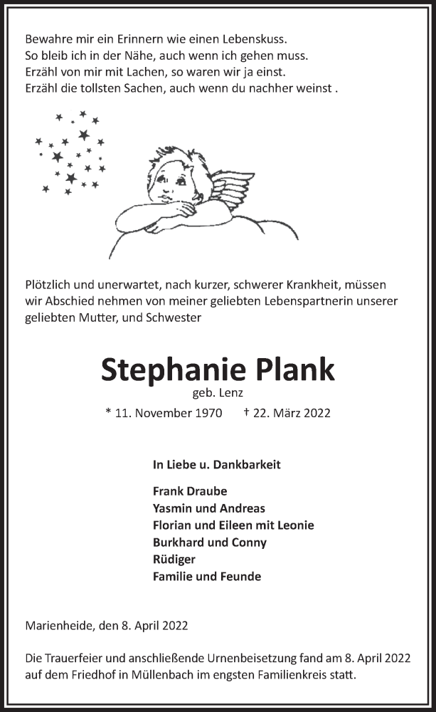  Traueranzeige für Stephanie Plank vom 08.04.2022 aus  Anzeigen Echo 