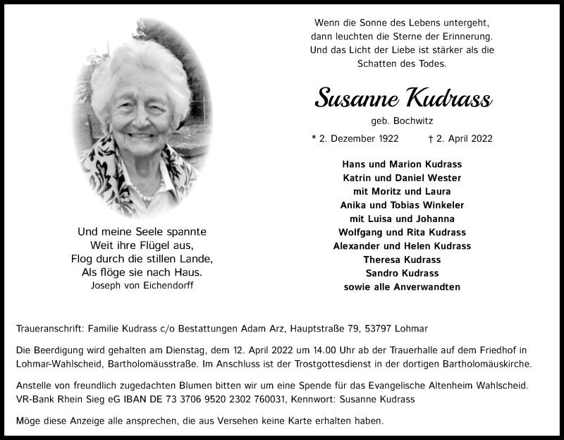  Traueranzeige für Susanne Kudrass vom 09.04.2022 aus Kölner Stadt-Anzeiger / Kölnische Rundschau / Express