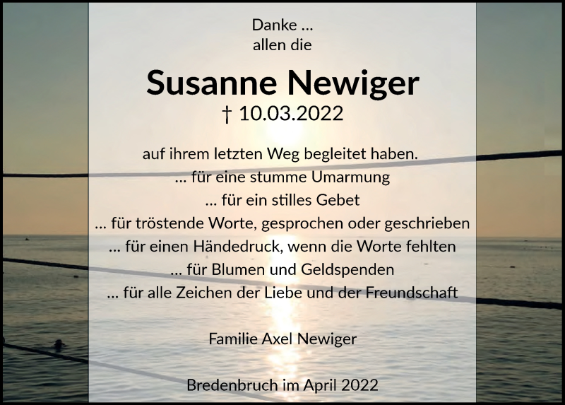  Traueranzeige für Susanne Newiger vom 22.04.2022 aus  Anzeigen Echo 