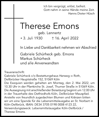 Anzeige von Therese Emons von Kölner Stadt-Anzeiger / Kölnische Rundschau / Express