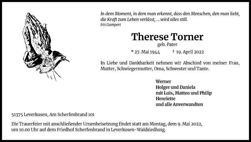  Traueranzeige für Therese Torner vom 30.04.2022 aus Kölner Stadt-Anzeiger / Kölnische Rundschau / Express