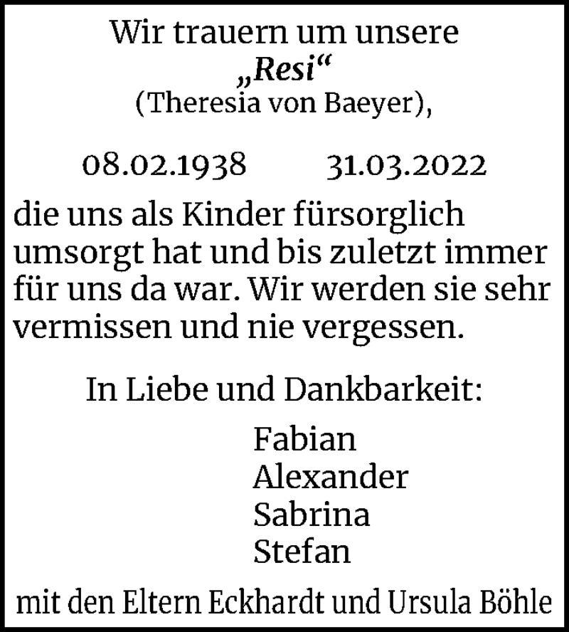  Traueranzeige für Theresia von Baeyer vom 30.04.2022 aus Kölner Stadt-Anzeiger / Kölnische Rundschau / Express