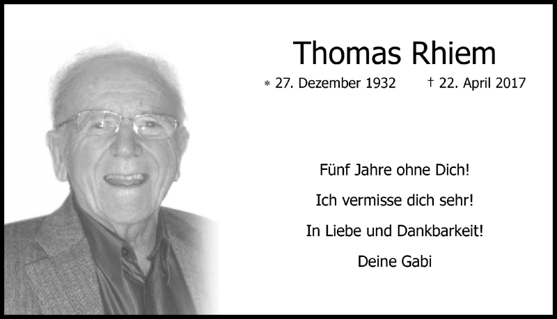  Traueranzeige für Thomas Rhiem vom 22.04.2022 aus  Bergisches Handelsblatt 