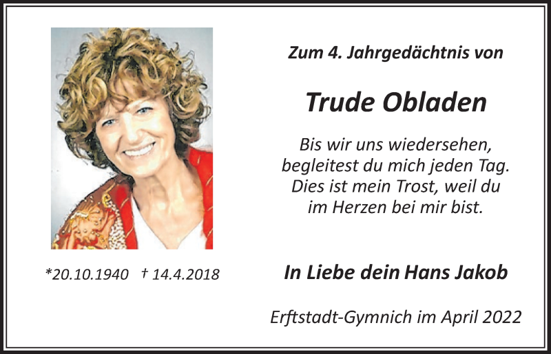  Traueranzeige für Trude Obladen vom 18.07.2023 aus  Werbepost 