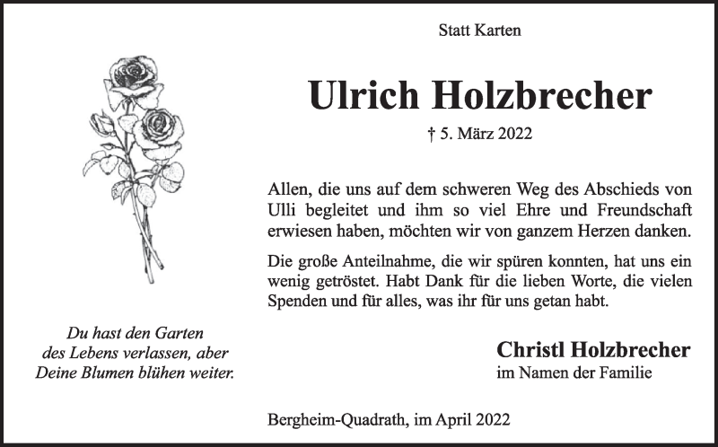  Traueranzeige für Ulrich Holzbrecher vom 14.04.2022 aus  Werbepost 