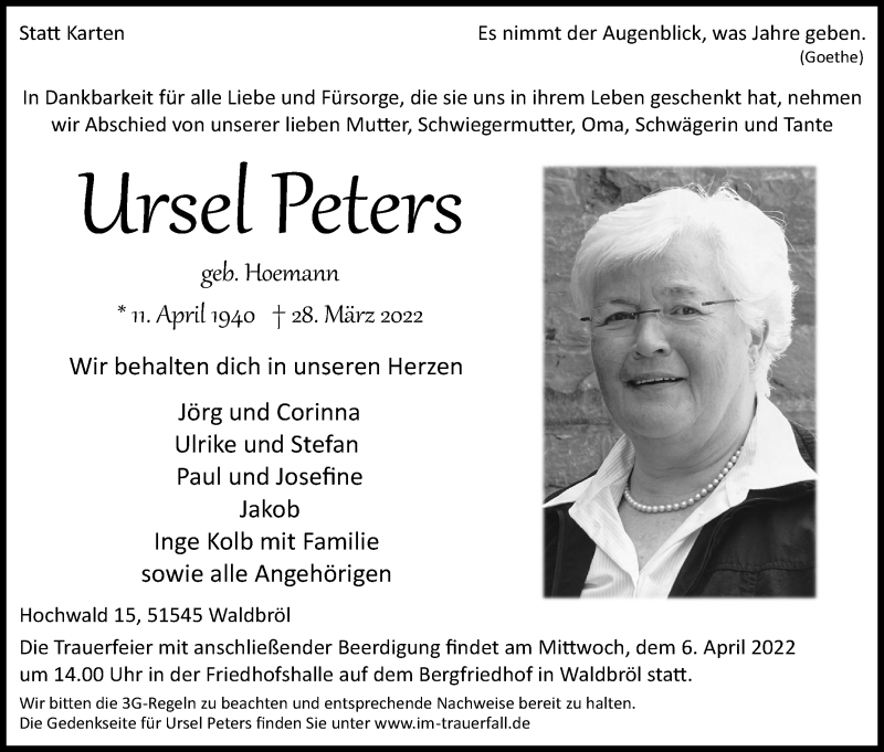  Traueranzeige für Ursel Peters vom 02.04.2022 aus Kölner Stadt-Anzeiger / Kölnische Rundschau / Express