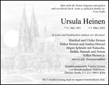 Anzeige von Ursula Heinen von Kölner Stadt-Anzeiger / Kölnische Rundschau / Express