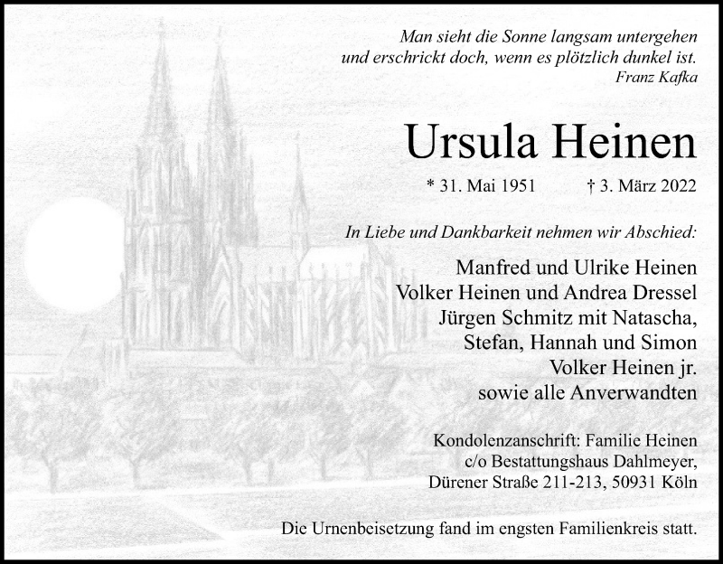  Traueranzeige für Ursula Heinen vom 16.04.2022 aus Kölner Stadt-Anzeiger / Kölnische Rundschau / Express