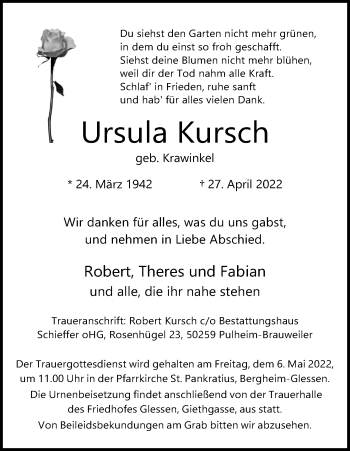 Anzeige von Ursula Kursch von Kölner Stadt-Anzeiger / Kölnische Rundschau / Express