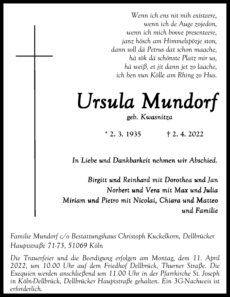  Traueranzeige für Ursula Mundorf vom 06.04.2022 aus Kölner Stadt-Anzeiger / Kölnische Rundschau / Express