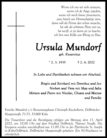 Anzeige von Ursula Mundorf von Kölner Stadt-Anzeiger / Kölnische Rundschau / Express
