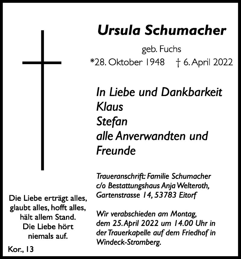  Traueranzeige für Ursula Schumacher vom 16.04.2022 aus Kölner Stadt-Anzeiger / Kölnische Rundschau / Express