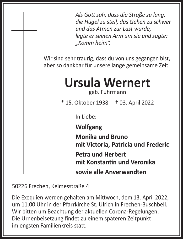  Traueranzeige für Ursula Wernert vom 08.04.2022 aus  Wochenende 