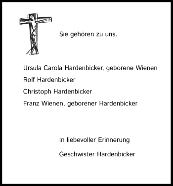 Anzeige von Ursula Carola Hardenbicker von Kölner Stadt-Anzeiger / Kölnische Rundschau / Express