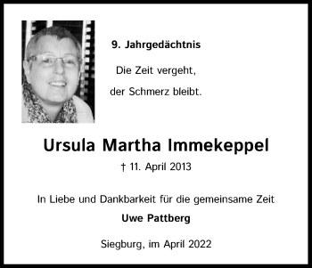 Anzeige von Ursula Martha Immekeppel von Kölner Stadt-Anzeiger / Kölnische Rundschau / Express
