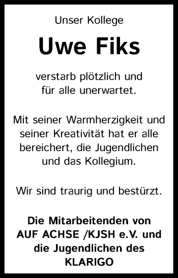 Anzeige von Uwe Fiks von Kölner Stadt-Anzeiger / Kölnische Rundschau / Express