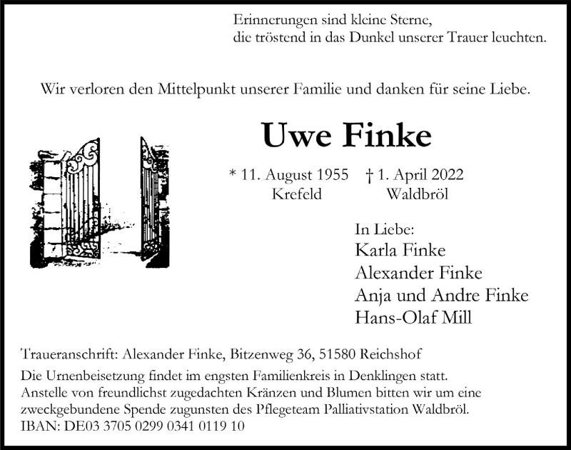  Traueranzeige für Uwe Finke vom 14.04.2022 aus  Lokalanzeiger 