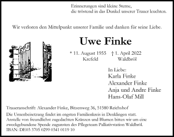 Anzeige von Uwe Finke von  Lokalanzeiger 